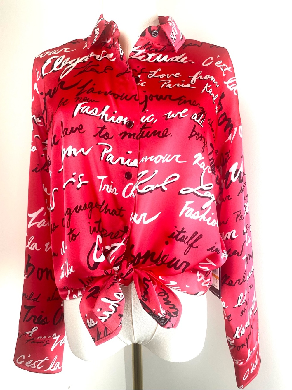 Karl Lagerfeld Paris Red Script Print Button Front Blouse Small Oversized